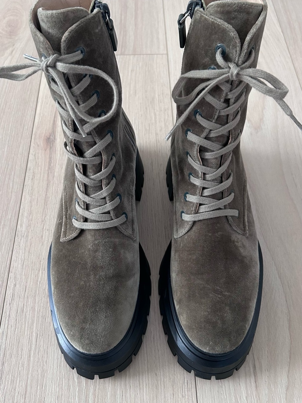 Stuart Weitzman Women’s Velvet Lace- Up Chunky Platform Combat Boots